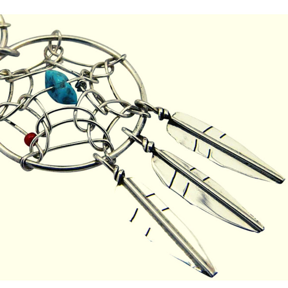 Sterling Silver Turquoise & Coral Pendant Dream Catcher Pendant by Navajo Artist - Picture 3 of 5